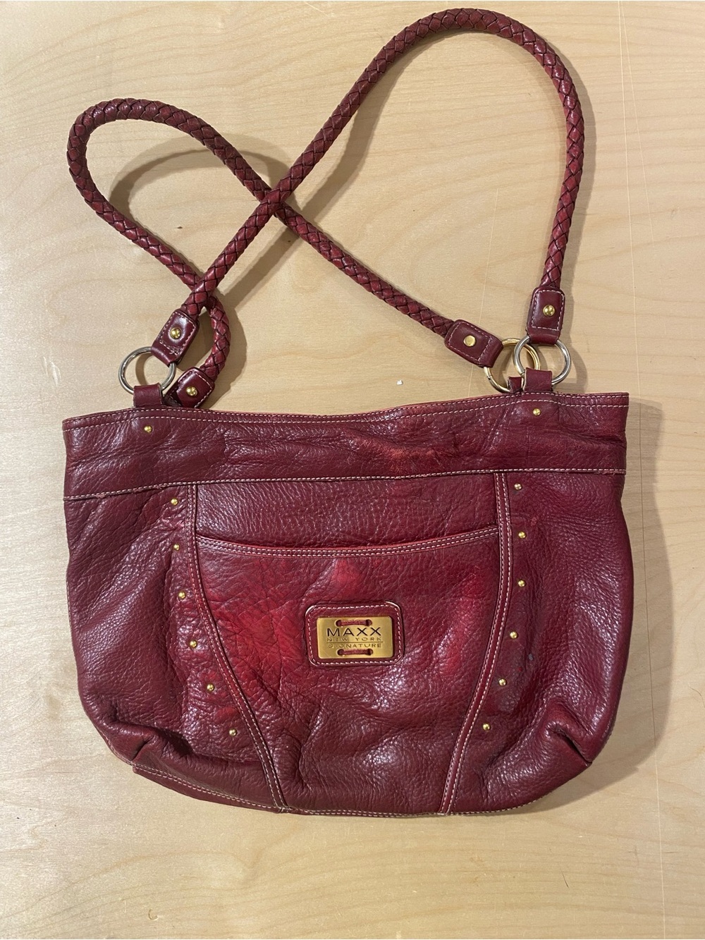 MAXX New York Wine Red Leather Shoulder Bag with Braided Straps (SH)